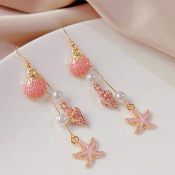 Enameled dangle earrings starfish sea creatures shells pearls mermaid - Picture 6 of 9